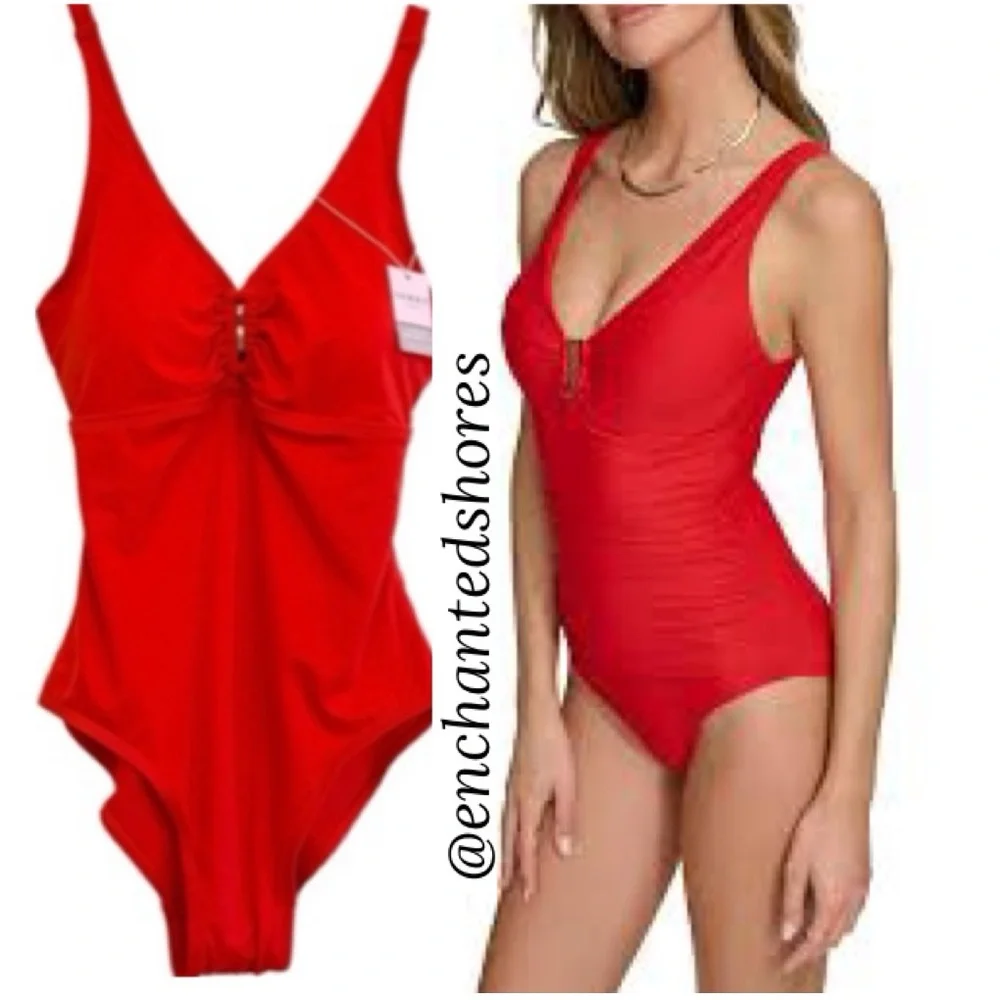 Swimsuit Slimming One Piece Plunge V Neckline Sunset Coral Red Orange Size Small